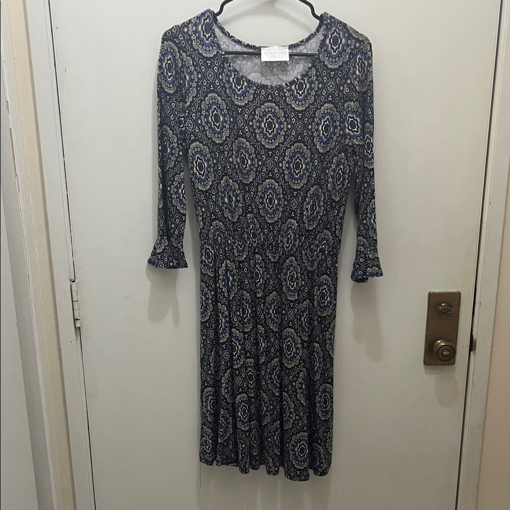 French Grey Navy Patterned Long Sleeve Dress
